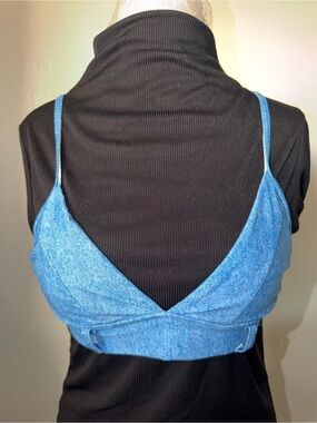 Zaful Blue Denim-Effect V-Neck Bralette